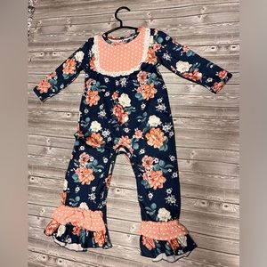 Boutique Style Romper, Navy and Pink Flowers